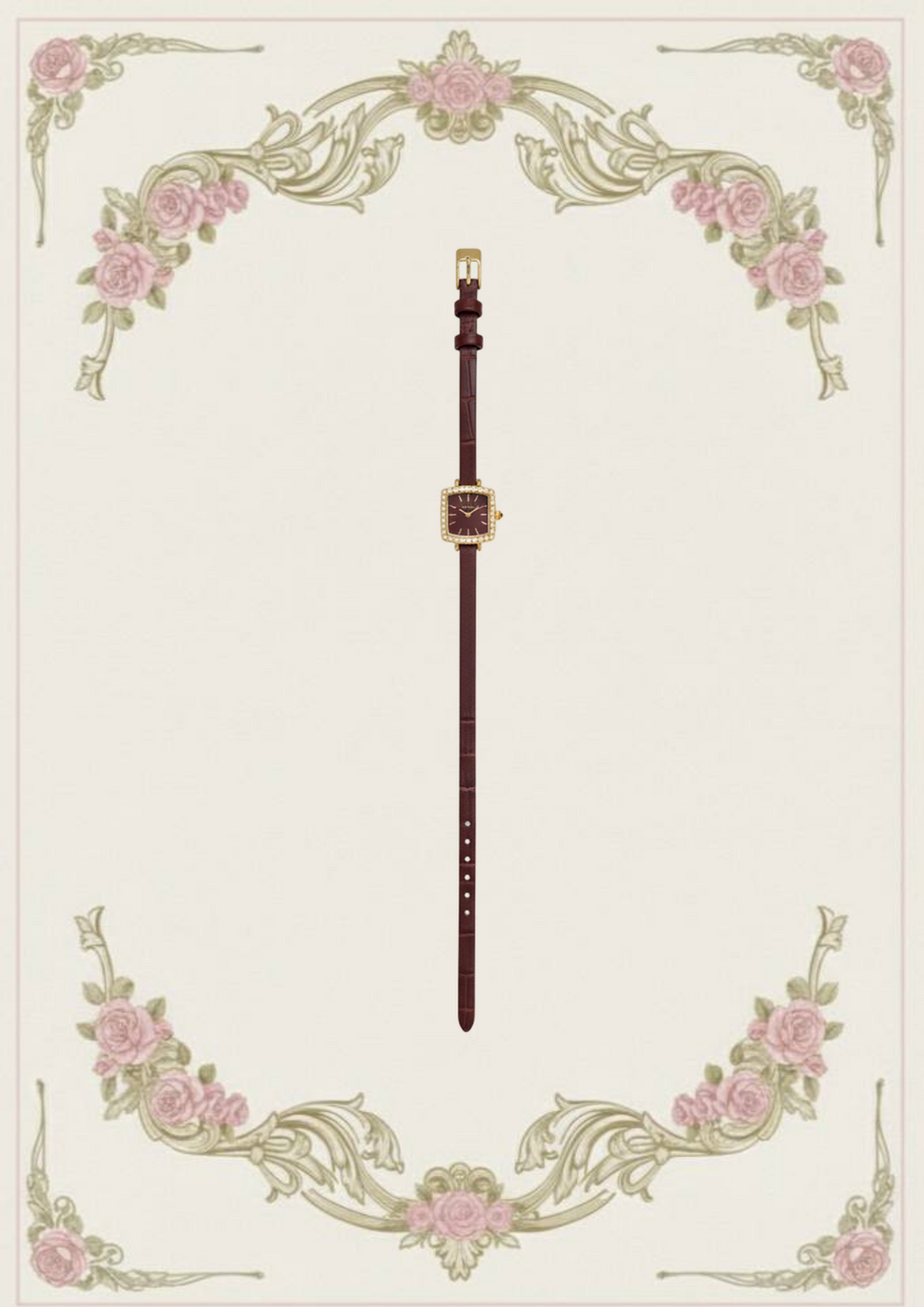 Petite Square Diamond-Cut Watch on Slim Burgundy Strap