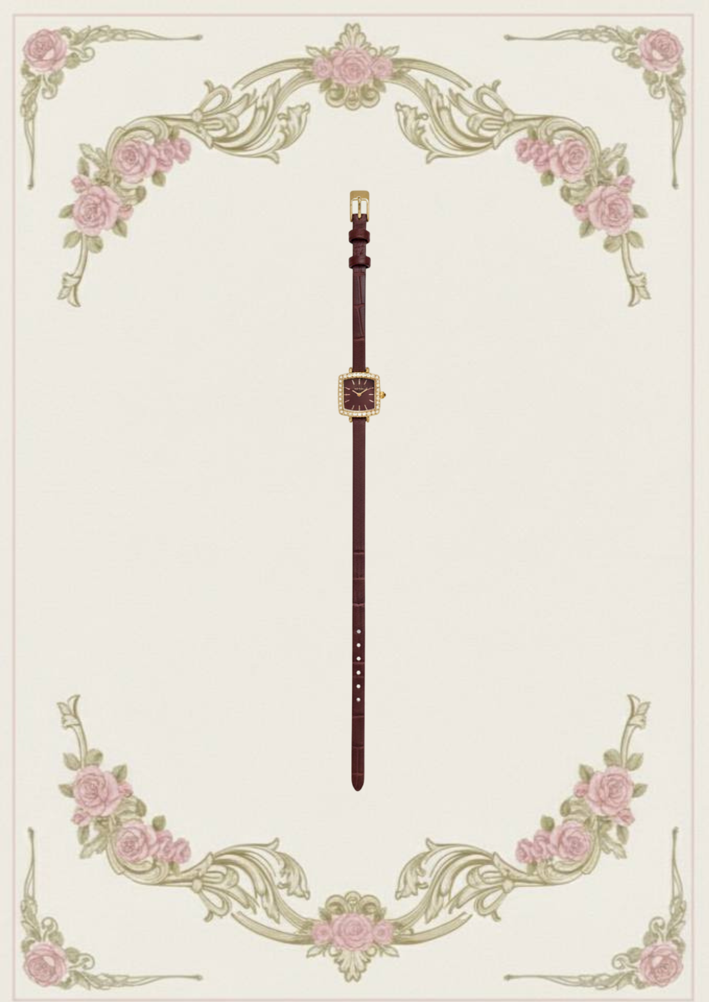 Petite Square Diamond-Cut Watch on Slim Burgundy Strap