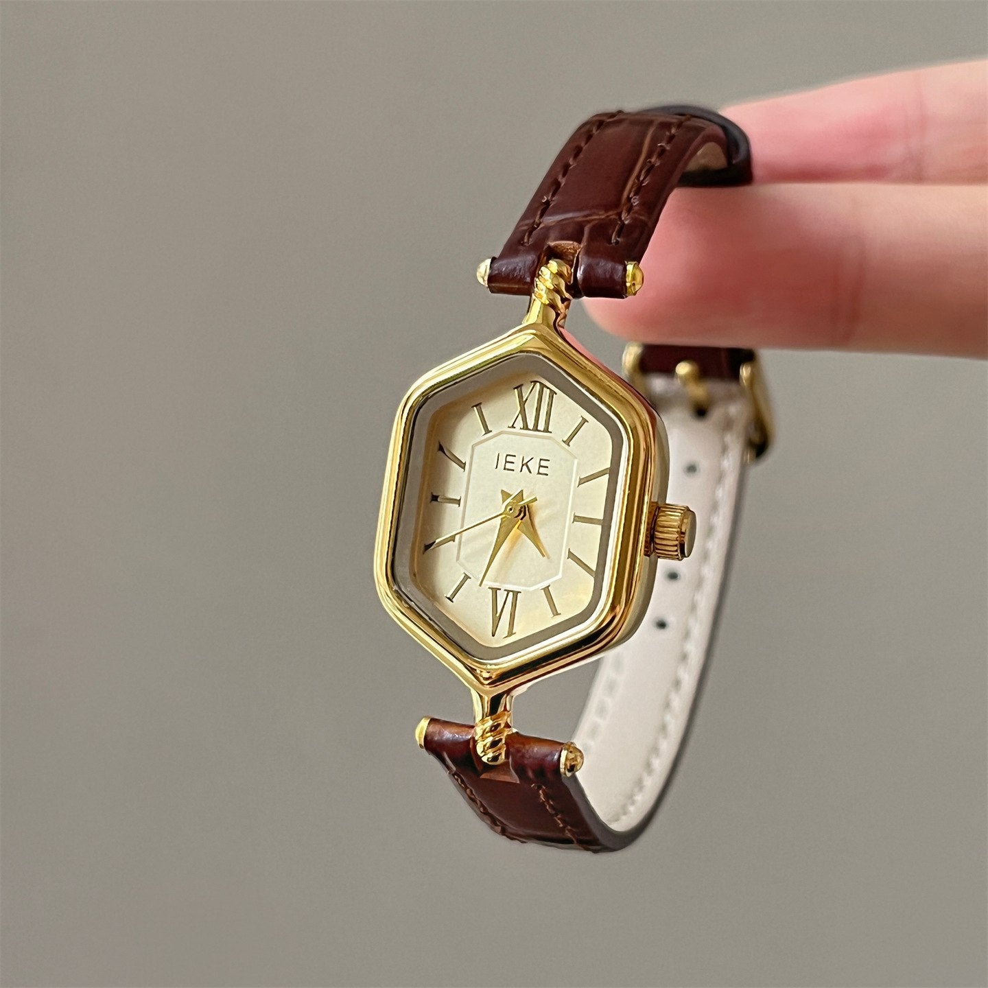 Vintage Hexagon Leather Strap Watch