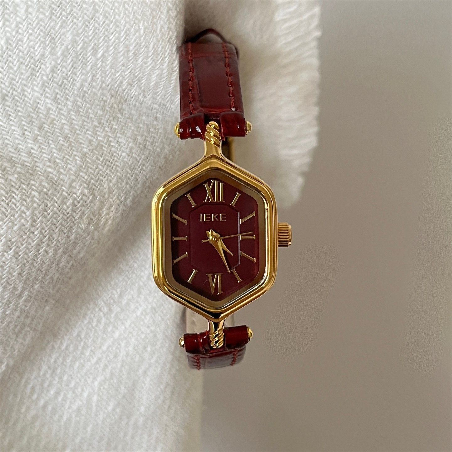 Vintage Hexagon Leather Strap Watch