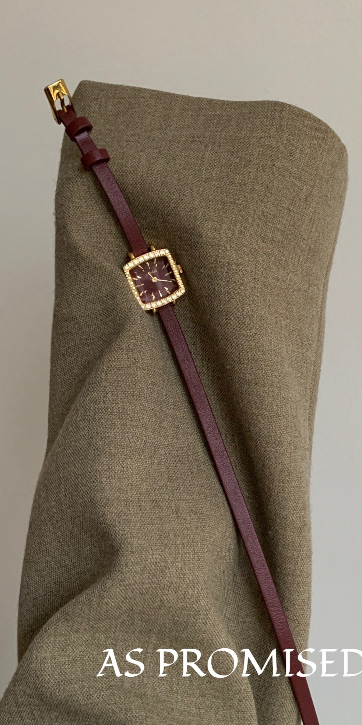 Petite Square Diamond-Cut Watch on Slim Burgundy Strap