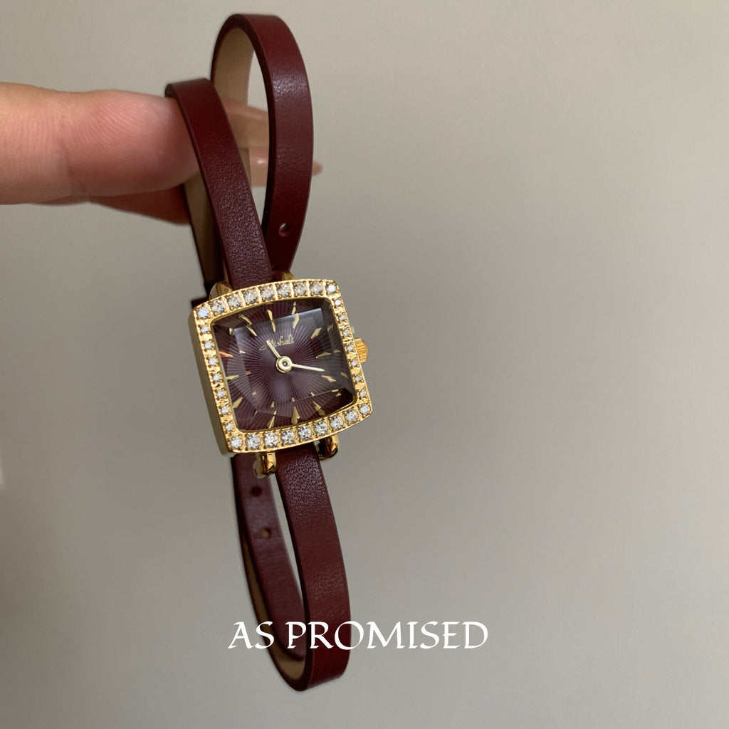 Petite Square Diamond-Cut Watch on Slim Burgundy Strap