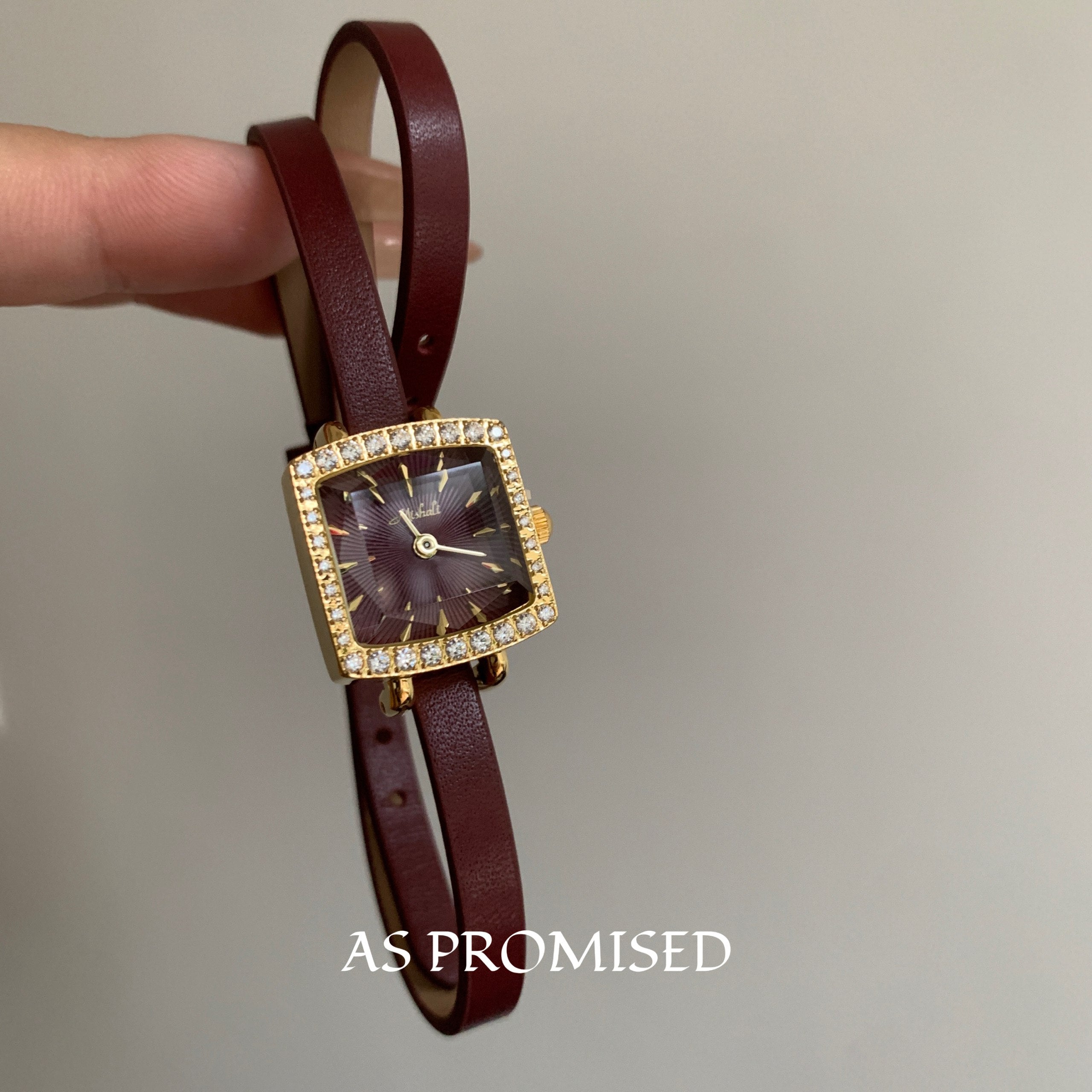 Petite Square Diamond-Cut Watch on Slim Burgundy Strap